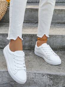 Women Plus Size White Casual Lace-Up Outdoor Shoes, Comfortable Low-Top Flat Casual Sports Sneakers