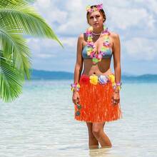 Gonna d'erba hawaiana e ghirlande hawaiane, Braccialetto, Fascia e Collana hawaiana, Costumi di gonne Luau di Hawaii, Vestito elegante, Per donne e adulti per la decorazione estiva delle feste tropicali sulla spiaggia - Multicolore - Visualizzare 8