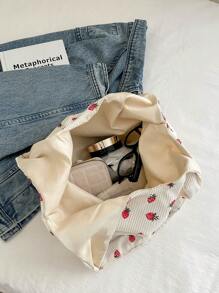 简约时尚大容量草莓印花手提包，开口设计，轻巧的软面单肩包。适合女性日常休闲通勤和学生课堂使用，时尚可爱的草莓钱包 - 白色 - 查看 6