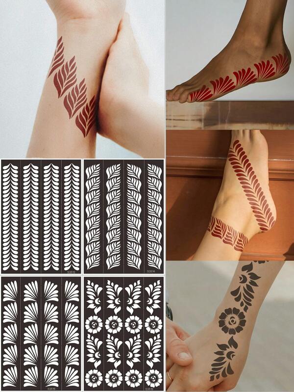 4 Blätter floraler Henna Tattoo Schablonenaufkleber für Fuß, temporäre Tattoo Vorlage Für Körperkunst Mehendi Designs