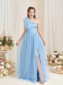 Teen Girl One-Shoulder Graduation Dress With High-Leg Split - Flowing A-Line Tulle Hem, Graduation Proms, Wedding Celebrations, Birthday Parties, And Pageant Events - Baby Blue - View 5