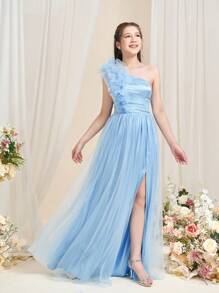 Teen Girl One-Shoulder Graduation Dress With High-Leg Split - Flowing A-Line Tulle Hem, Graduation Proms, Wedding Celebrations, Birthday Parties, And Pageant Events - Baby Blue - View 6