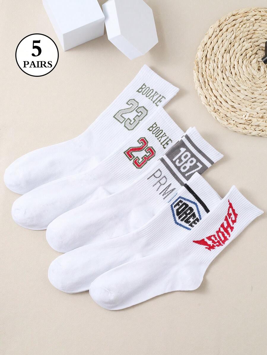 5 đôi tất dài đến bắp chân hợp thời trang dành cho nam có chữ và số, thoáng khí, thấm mồ hôi và chống mùi, thích hợp cho mọi mùa - Nhiều màu - Xem 1