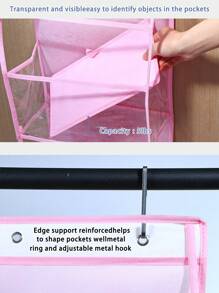 1入懸掛式6層門後收納袋帶2掛鉤，粉色網格掛式收納袋，適用於盛放填充玩具、衣物、食品等，可摺疊PVC收納袋，可掛於衣櫥及門後