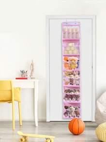 1入懸掛式6層門後收納袋帶2掛鉤，粉色網格掛式收納袋，適用於盛放填充玩具、衣物、食品等，可摺疊PVC收納袋，可掛於衣櫥及門後