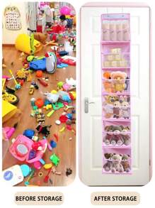 1入懸掛式6層門後收納袋帶2掛鉤，粉色網格掛式收納袋，適用於盛放填充玩具、衣物、食品等，可摺疊PVC收納袋，可掛於衣櫥及門後