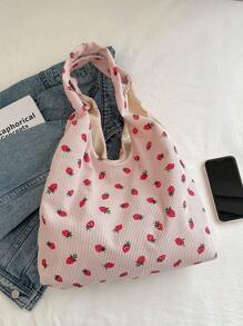 A Minimalist Fashion Large Capacity Strawberry Print Tote Bag With Open Mouth Opening And Lightweight Soft-Sided Shoulder Bag. Suitable For Women's Daily Casual Commuting And Student Classroom Use, & Cute Strawberry Purse Valentines - Pink - View 4
