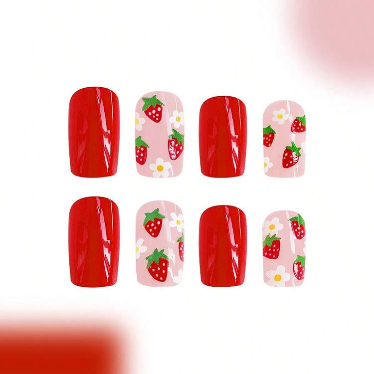 24 piezas Artículos cortos para uñas con superficie brillante, diseño lindo de fresas y flores blancas para estilo dulce. Se pueden quitar y están incluidos la goma de uñas y la lima de uñas. Suministros de uñas para presionar - Rojo - Añade 4