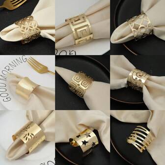 6pcs Elegant Hollow Out Metal Napkin Rings In Gold And Silver Colors, Suitable For Festive Gatherings, Weddings, Hotel Reception Display