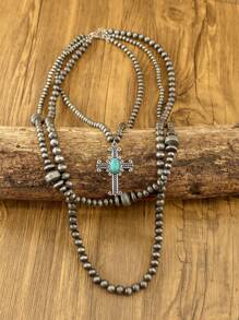 1pc Women's Cross Long Necklace, Zinc Alloy Cross Inlaid With Turquoise, Western Country Style Faux Pearl Necklace, Three-Layer Stacked Necklace, Women's Fashion Jewelry, Bohemian Retro Style Long Necklace, Western Fashion Women's Multi-Layer Necklace, Suitable For Daily Wear Or Holiday Gift Giving