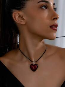 1pc Vintage Bohemian Style Red Glass Heart Pendant On Black Adjustable Leather Cord Necklace, Valentine's Gift Valentines,Mom,Mother,Mother's Day,Gift