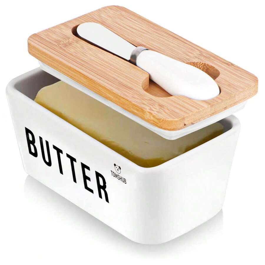 1 Bộ, Đĩa đựng bơ có nắp tre và dao, Đĩa đựng bơ bằng gốm lớn có lớp phủ silicon chất lượng, Lý tưởng để nướng và làm quà tặng trong bếp, Hộp đựng bơ kín khí có nắp đậy để trên mặt bàn hoặc tủ lạnh, Bình đựng bơ có nắp Đồ dùng nhà bếp gia đình