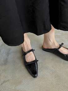 French Style Black Bow Mule Slippers, Versatile Fashionable Flat Sandals, New Summer Mary Jane Slip-On Comfortable Closed Toe Slides, Women's Closed Toe Summer Slippers Valentines