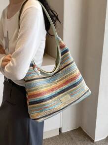 Fashionable Casual Colorful Striped Straw Shoulder Bag For Women - Multicolor - View 3