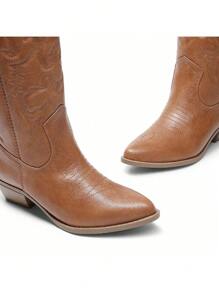 Women'S Cowboy Western Boots Pull On Cowgirl Boots Point Toe Embroidered Detail Chunky Heeled Mid Calf Boots Winter Christmas Valentine's Day Festive Black Boots - Lạc đà - Xem 7