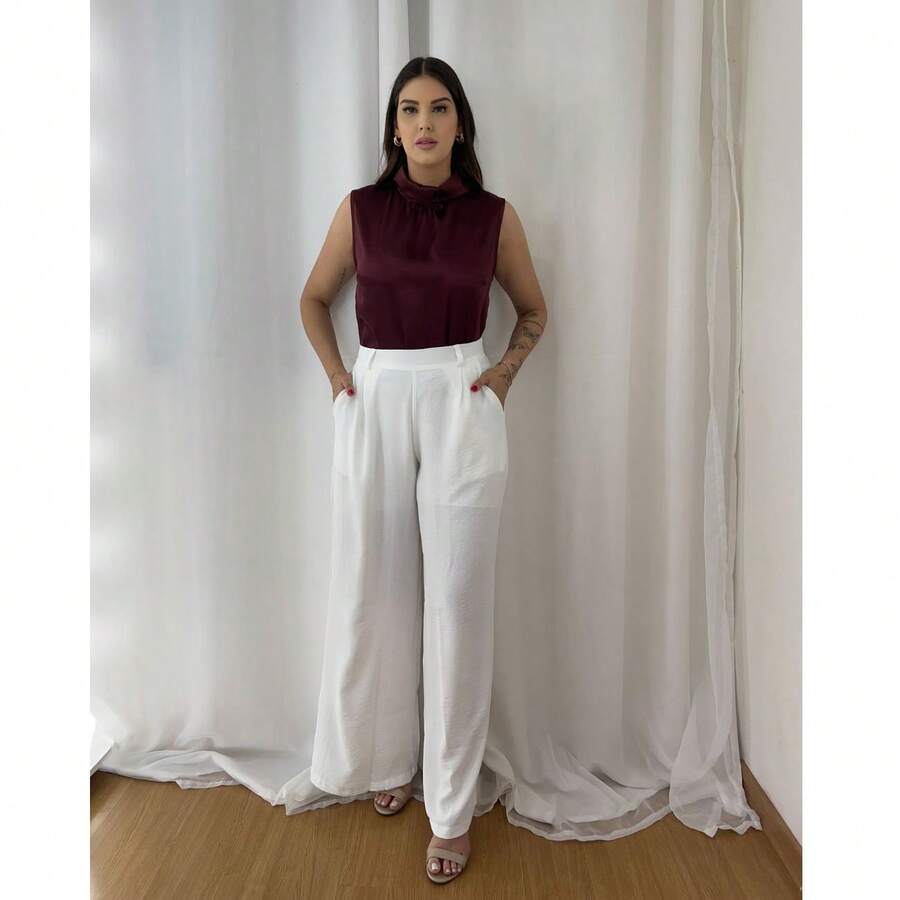Duna Women's Wide Leg Pants With Elastic Waistband, Elegant Fashion - 白色 - 查看 1