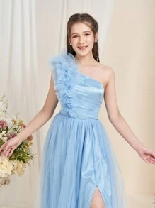Teen Girl One-Shoulder Graduation Dress With High-Leg Split - Flowing A-Line Tulle Hem, Graduation Proms, Wedding Celebrations, Birthday Parties, And Pageant Events - Baby Blue - View 7