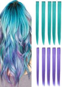 10pcs Multi-Color Clip-In Straight Hair Extensions For Women, Suitable For Daily Wear, Parties, Costumes And Cosplay Girls Princess Party, High Gloss Coloring, 22 Inches, Peacock Blue And Gray Purple - Lilac Purple - View 2