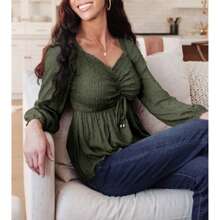 Womens V Neck Smocked Peplum Tops Balloon Long Sleeve Swiss Dot Ruched Blouses - 軍綠色 - 查看 3