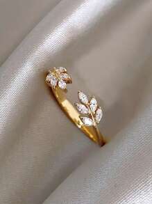 1 Set Of Fashionable And Luxurious Cat's Eye Stone Leaf Open Ring - Gold - View 2