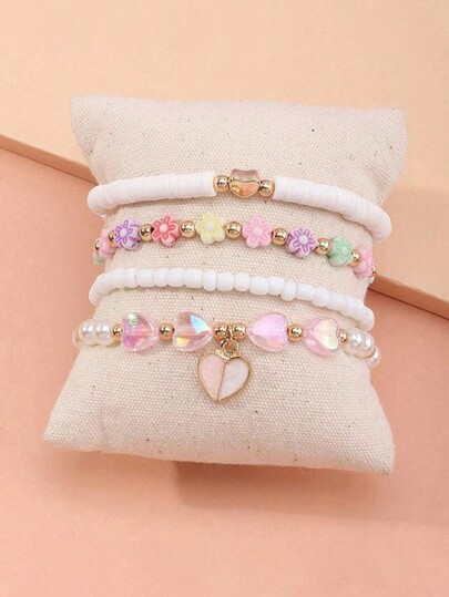 مجموعة من 4 قطع من قلادة على شكل قلب للبنات، مجموعة أساور خرز الزهور، مجموعة مجوهرات لطيفة وجميلة للأطفال، خيار مثالي للسفر وإعطاء الهدايا.