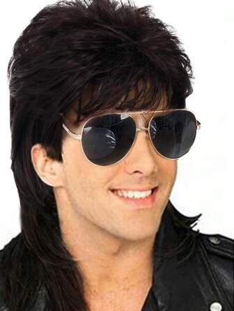 男士马尾假发棕色卷发 70 年代 80 年代角色扮演服装万圣节假发复古迪斯科朋克摇滚假发