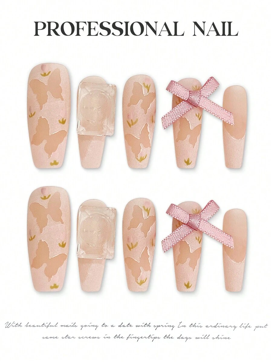 YADORNOS 10 cái/bộ Móng tay giả hình vuông hình con bướm ngọt ngào có thể đeo được bằng tay, móng tay giả hình quan tài dài với keo thạch và dũa móng tay, có thể tái sử dụng toàn bộ độ che phủ trên móng tay cho phụ nữ Nghệ thuật làm móng tự làm, lễ hội âm nhạc và đồ dùng làm móng ngày lễ tình nhân