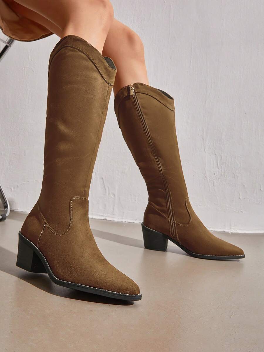 Knee High Boots Women, Pull On Zipper Chunky Heel Pointed Toe Western Cowgirl Cowboy Boots