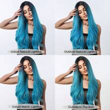 Peluca sintética de 26 pulgadas para fiesta con cabello azul aguamarina degradado, ondulado, con raya al medio, elegante, romántica y sencilla para uso diario, fiestas, vacaciones, Navidad, Halloween u ocasiones especiales. Resistente al calor. - Azul degradado - Ver 8