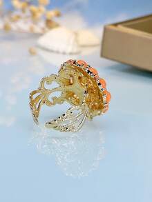 1入時尚橙色花卉閃亮鋯石女士戒指（適合女性休閒禮物和日常佩戴） - 款式1 - 查看 5