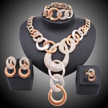 1 Set Luxury Dubai Gold Plated Rhinestone Necklace, Earrings, Bracelet, Ring Jewelry Set, Suitable For Women Wedding, Ball, Party, Daily Wear