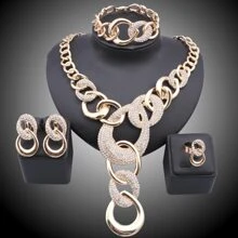 1 Set Luxury Dubai Gold Plated Rhinestone Necklace, Earrings, Bracelet, Ring Jewelry Set, Suitable For Women Wedding, Ball, Party, Daily Wear