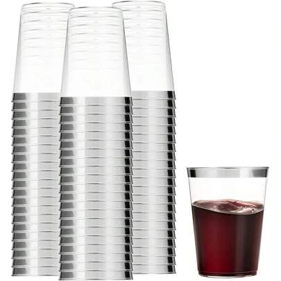 20pcs 300ml Silver-Color Rimmed Reusable Cups, Suitable For Weddings, Thanksgiving, Christmas, Halloween, Dinner Tables, Parties, Etc.