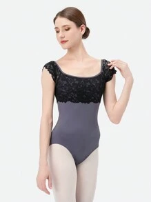 DonsGirl Women's Sweet Princess Ballet Leotard, Short Sleeve, Lace Patchwork Hollow Back Design, Figure Skating And Dance Performance Outfit