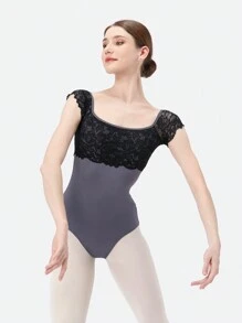 DonsGirl Women's Sweet Princess Ballet Leotard, Short Sleeve, Lace Patchwork Hollow Back Design, Figure Skating And Dance Performance Outfit