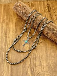1pc Women's Cross Long Necklace, Zinc Alloy Cross Inlaid With Turquoise, Western Country Style Faux Pearl Necklace, Three-Layer Stacked Necklace, Women's Fashion Jewelry, Bohemian Retro Style Long Necklace, Western Fashion Women's Multi-Layer Necklace, Suitable For Daily Wear Or Holiday Gift Giving