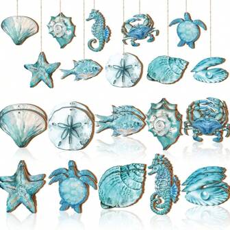 20Pcs Ocean Themed Wooden Hanging Ornaments Sea Animals Sand Beach Pendant With Rope For 2024 Summer Party Favors Supplies Gifts Birthday Graduation