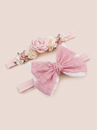 2 件装女婴头带套装，带玫瑰和蝴蝶结装饰，情人节礼物
