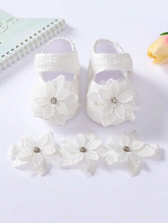 1 paire Chaussettes à semelle souple de princesse pour bébé + 1 pièce Ensemble cadeau de serre-tête/bandeau pour bébé