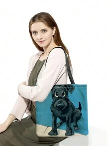PrintVovage Hoạt Hình Cún Con Dễ Thương In Hình Túi Tote Canvas, Túi Đi Biển Di Động Thời Trang Dung Tích Lớn, Túi Mua Sắm Có Thể Tái Sử Dụng - màu đen - Xem 8
