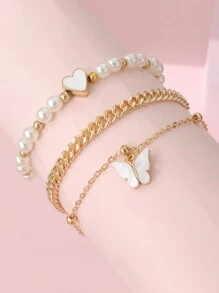 Set de 3 collares con colgante de mariposa y corazón, con cuentas de perlas falsas, y pulsera personalizada para niños