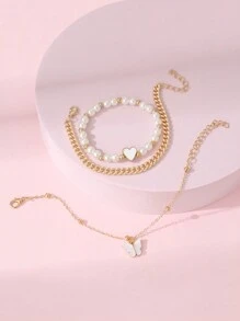Set de 3 collares con colgante de mariposa y corazón, con cuentas de perlas falsas, y pulsera personalizada para niños