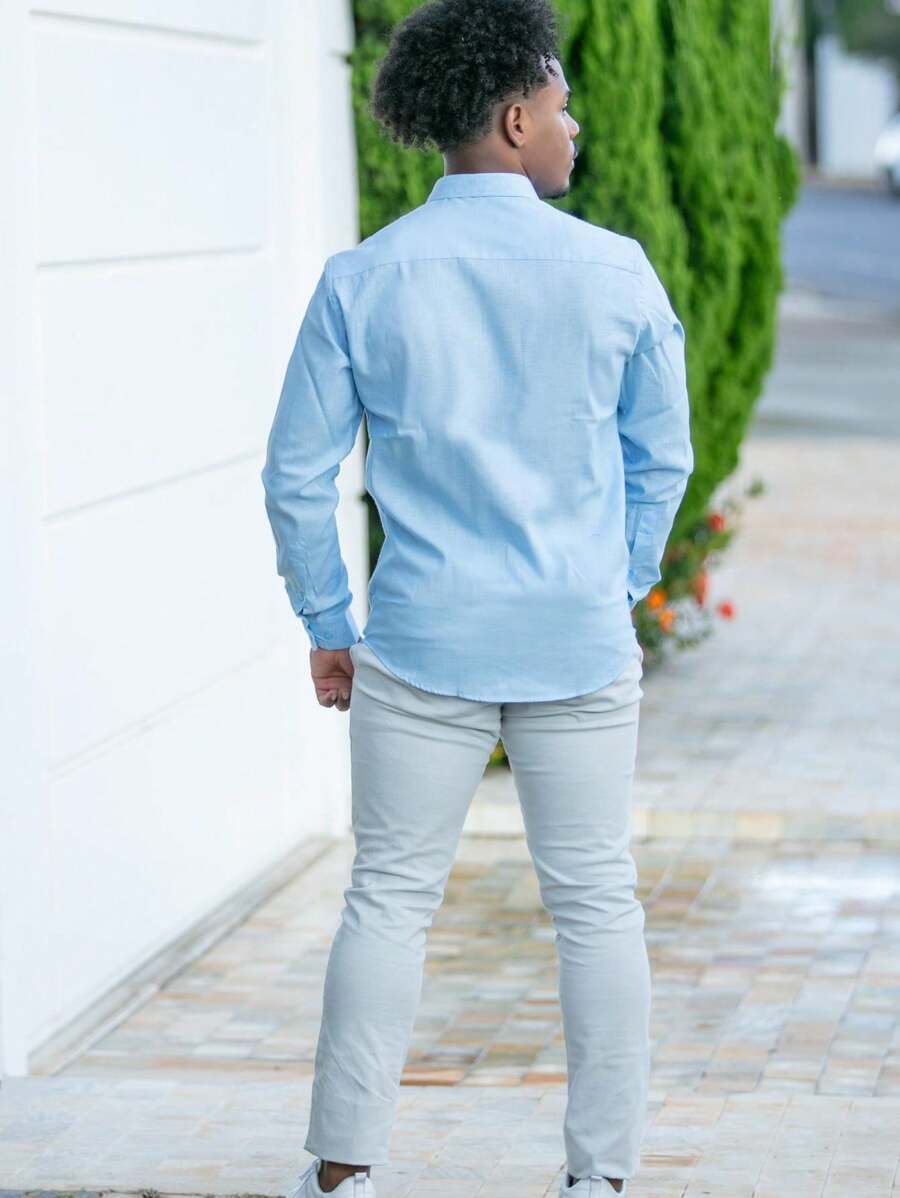 Camisa Social Manga Longa Azul Bebe Masculina Super Linho Slim Luxo - Azul bebê - Visão 1