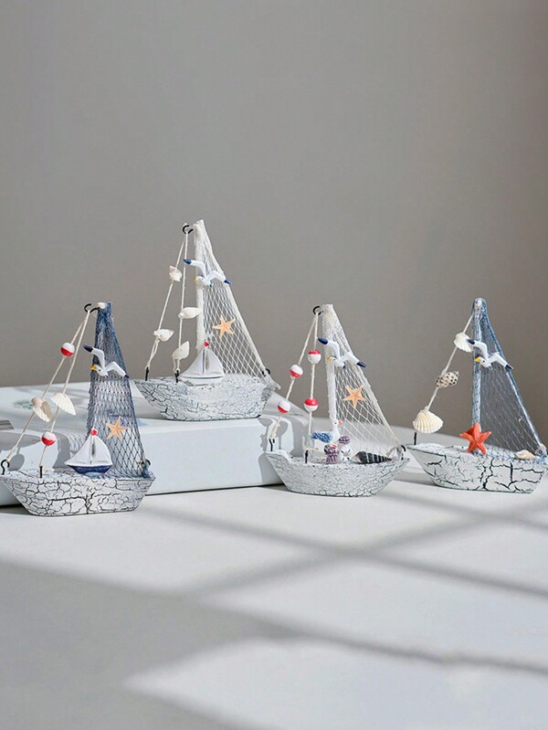 1pc Wooden Mediterranean Style Seashell Cracked Small Boat Decoration Nautical Handicraft Ornament