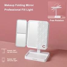 Rotatable And Foldable LED Makeup Mirror With Storage, USB Rechargeable Mirror Equipped With 3 Light Colors And Touch Screen Dimming, Suitable For Desk And Bedroom Use - White - View 8