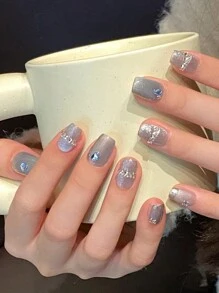 10 件短棺材形状冰镜蓝色玻璃珠极光猫眼极简爆炸美甲套装，日常佩戴和约会按压指甲美甲用品指甲 - 彩色 - 查看 5