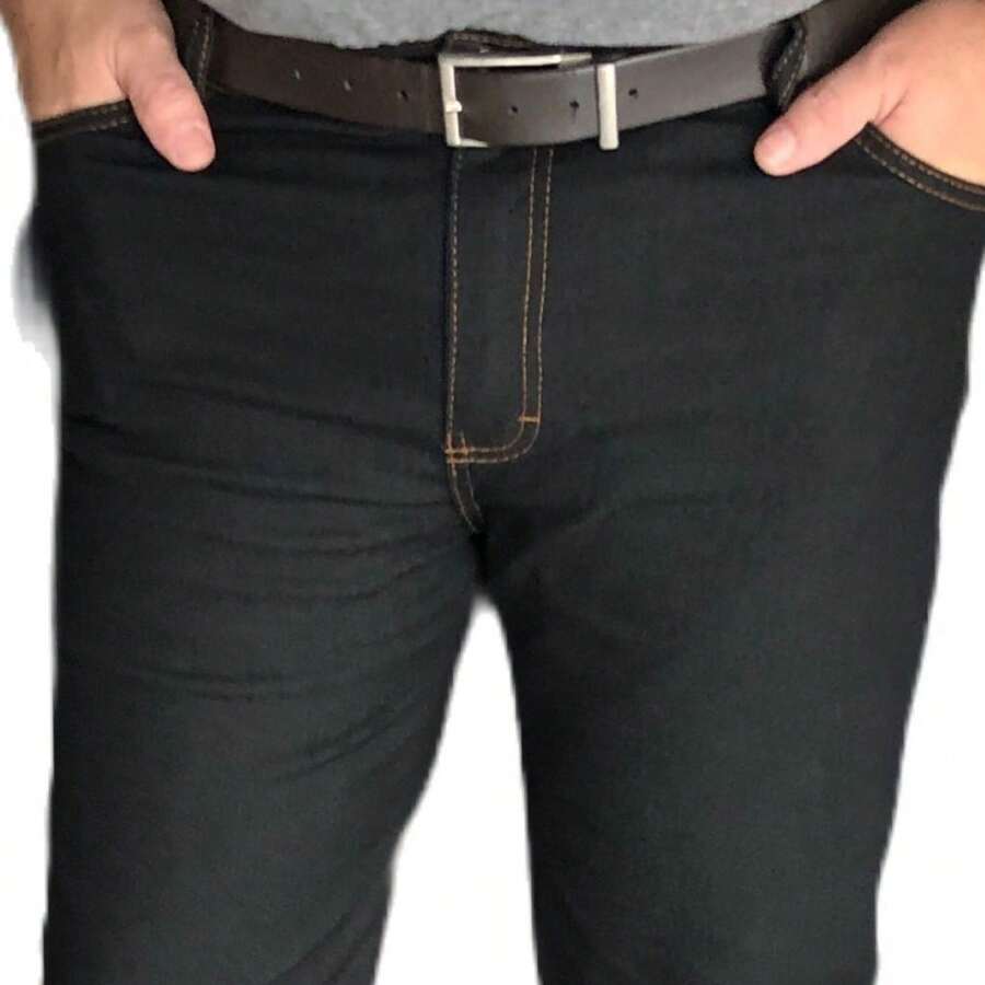 Calça Masculina Denim com Bolso Tradicional Básico Reforçada Tecido Premium Cor Azul Escuro Elastano - Preto - Visão 1