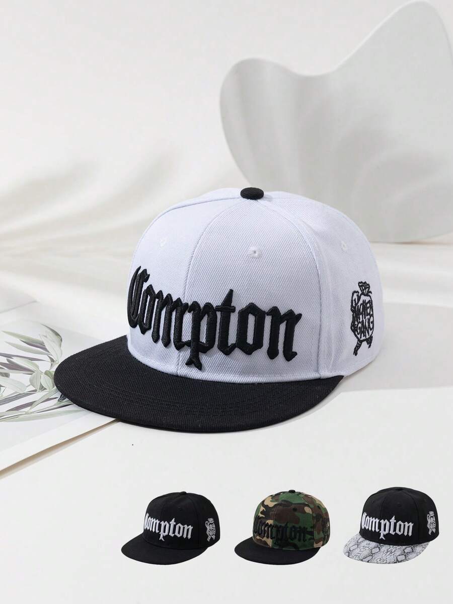 帶Compton英文字母刺繡的中性嘻哈帽，可調節頭圍棒球帽，個性化戶外帽子，日常使用 - A - 查看 1
