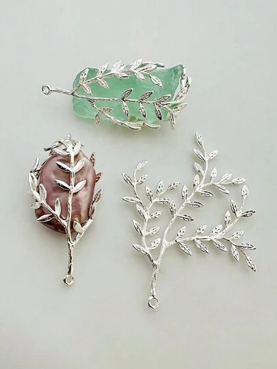 2入組鍍銀45*50毫米柳樹枝葉空白項鍊墜子，DIY珠寶製作配件（此產品不包含寶石）