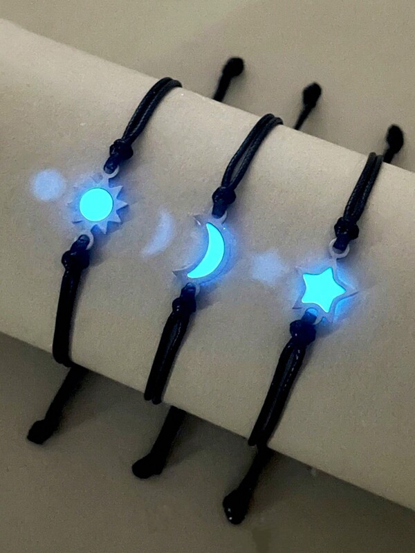 ATLVXJL 3 piezas Buen amigo, hermana, hermano, parejas que crecen en la oscuridad, sol, luna y estrella, decoración de amor, pulsera tejida blanca con dijes para mujeres, seres queridos, regalos navideños